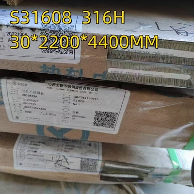 ASME SA240M Plat baja tahan karat yang digulung panas 30*2200*6000mm NO.1 Permukaan S31608 Kelas 316H SS Plat